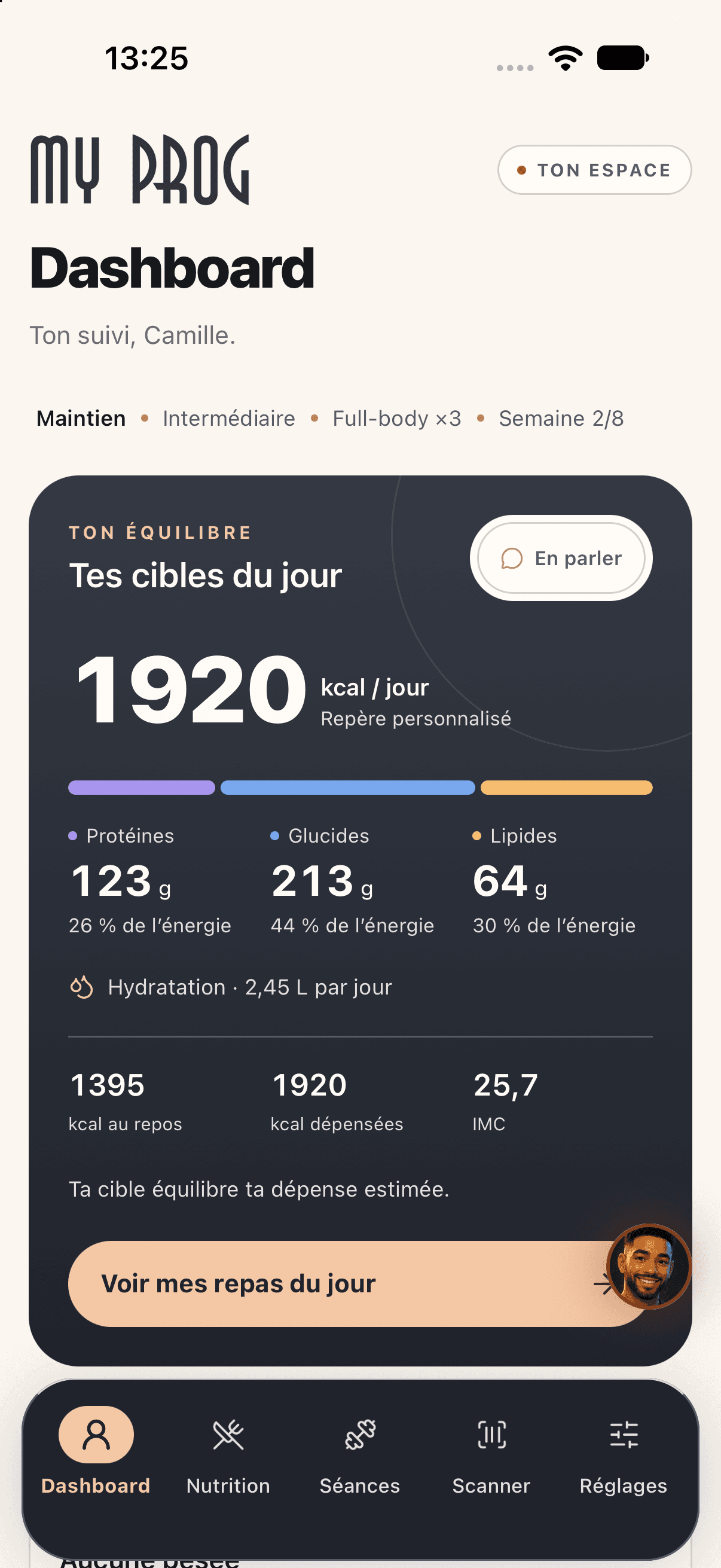 Tableau de bord MYPROG en mode clair : objectif, repères du jour et accès au programme