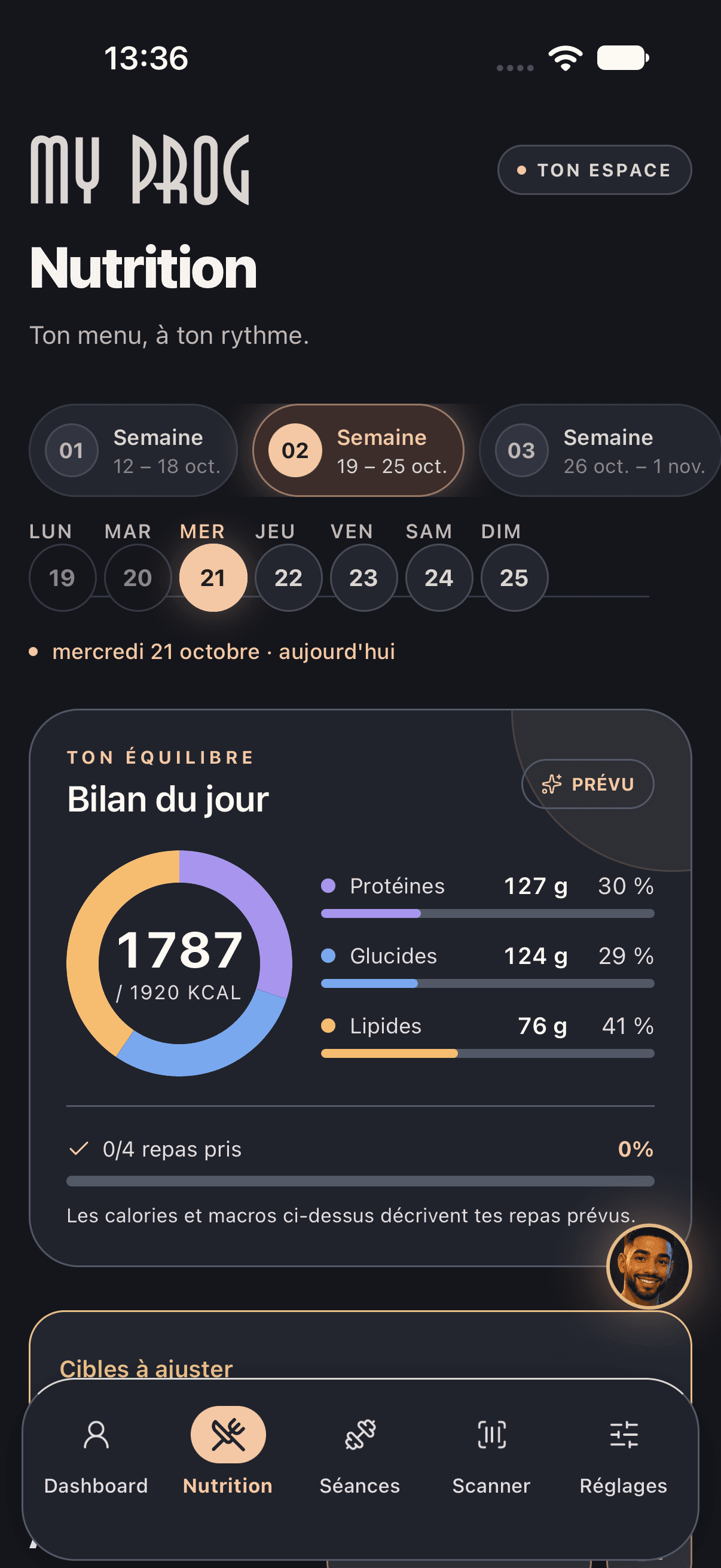 Nutrition MYPROG en mode sombre : calories et macronutriments prévus